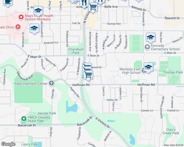 map of restaurants, bars, coffee shops, grocery stores, and more near 20 Hilltop Lane in Mankato