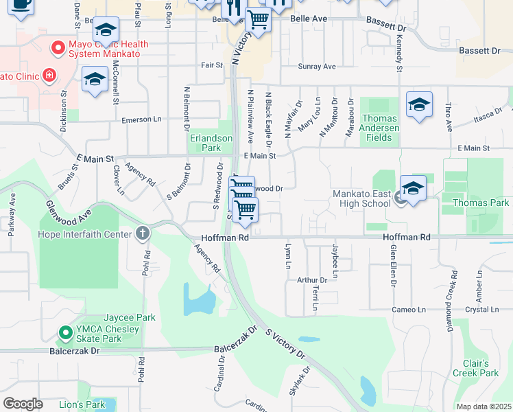 map of restaurants, bars, coffee shops, grocery stores, and more near 20 Hilltop Lane in Mankato