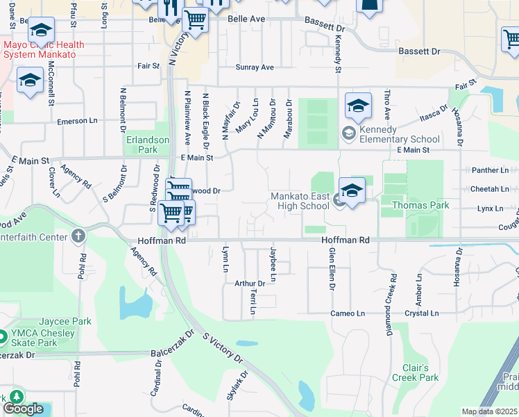 map of restaurants, bars, coffee shops, grocery stores, and more near 125 Heather Lane in Mankato