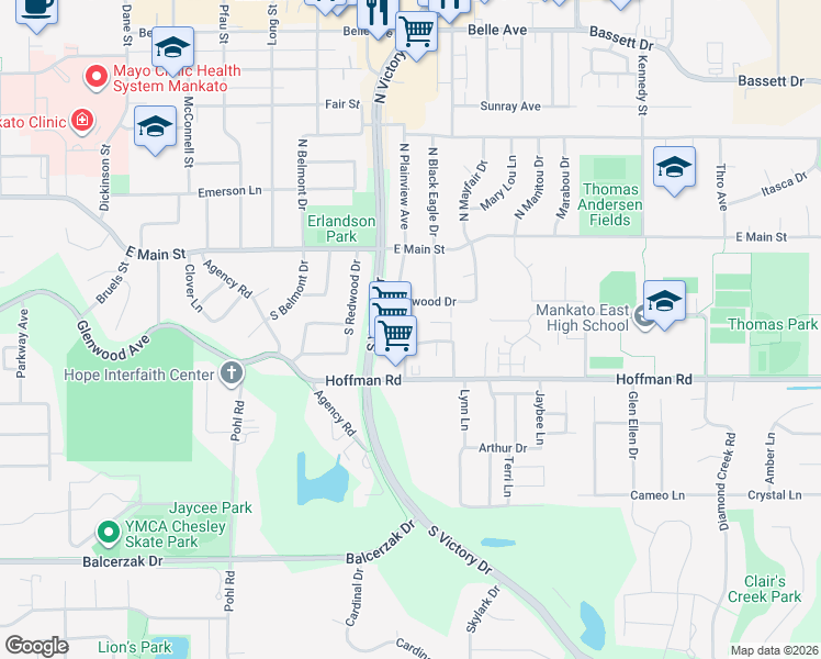 map of restaurants, bars, coffee shops, grocery stores, and more near 20 Hilltop Lane in Mankato