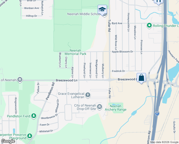 map of restaurants, bars, coffee shops, grocery stores, and more near 1383 Inverness Lane in Neenah