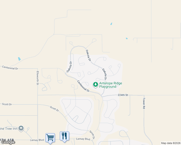 map of restaurants, bars, coffee shops, grocery stores, and more near 255 Mellette Court in Ellsworth Air Force Base