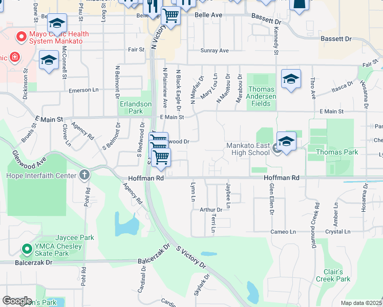 map of restaurants, bars, coffee shops, grocery stores, and more near 80 Hilltop Lane in Mankato