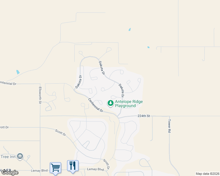 map of restaurants, bars, coffee shops, grocery stores, and more near 255 Mellette Court in Ellsworth Air Force Base