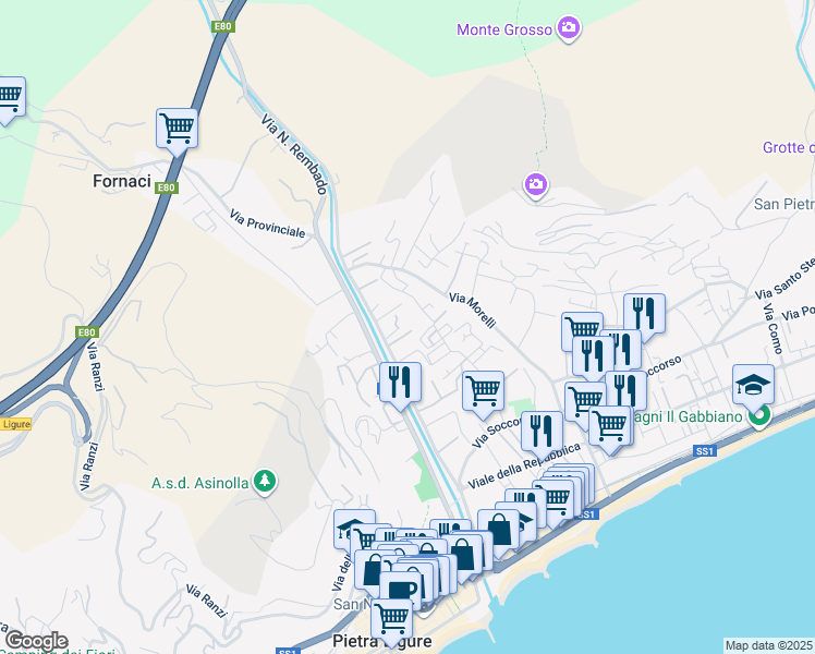 map of restaurants, bars, coffee shops, grocery stores, and more near 23 Via Piani in Pietra Ligure