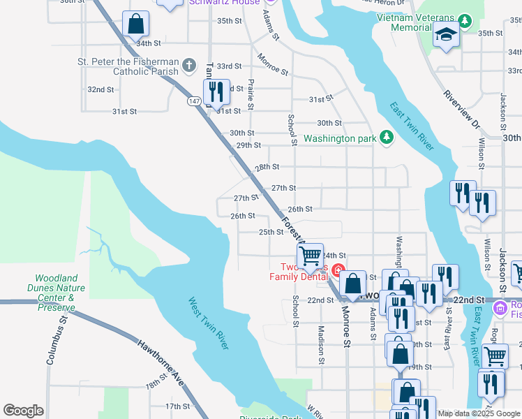 map of restaurants, bars, coffee shops, grocery stores, and more near 2602 Forest Avenue in Two Rivers