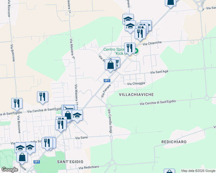 map of restaurants, bars, coffee shops, grocery stores, and more near 380 Via Ferrara in Cesena
