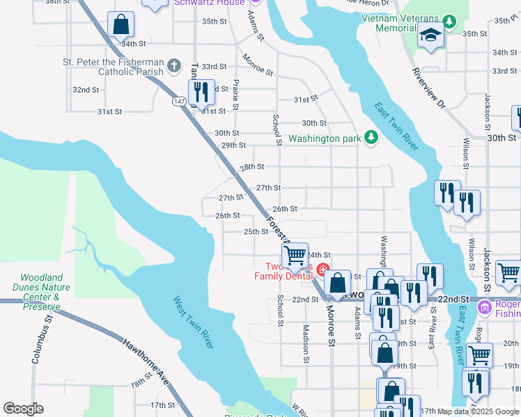 map of restaurants, bars, coffee shops, grocery stores, and more near 2602 Forest Avenue in Two Rivers