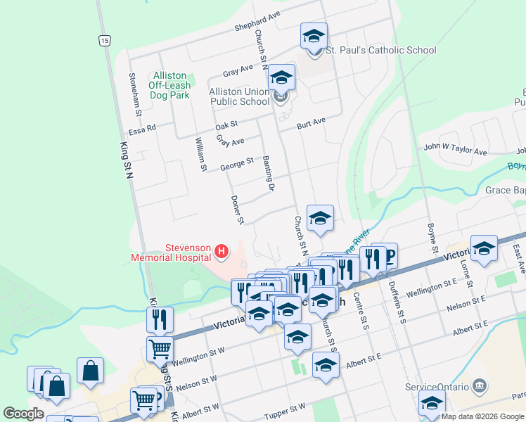 map of restaurants, bars, coffee shops, grocery stores, and more near 18 Doner Street in New Tecumseth
