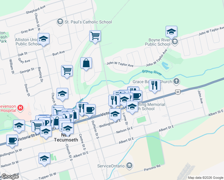 map of restaurants, bars, coffee shops, grocery stores, and more near 69 Boyne Street in New Tecumseth