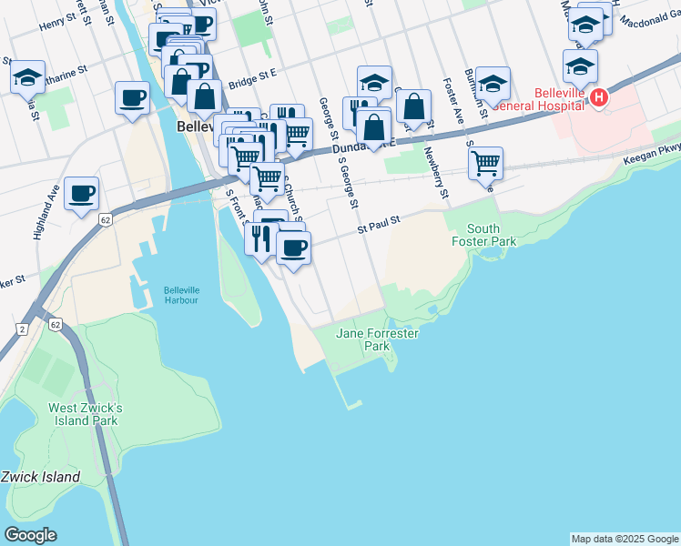 map of restaurants, bars, coffee shops, grocery stores, and more near 54 South John Street in Belleville