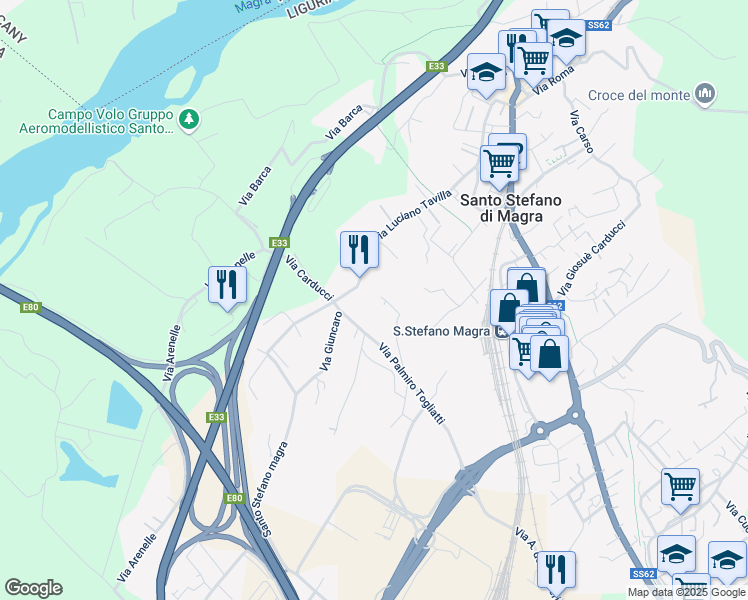 map of restaurants, bars, coffee shops, grocery stores, and more near 47 Via Luciano Tavilla in Santo Stefano di Magra