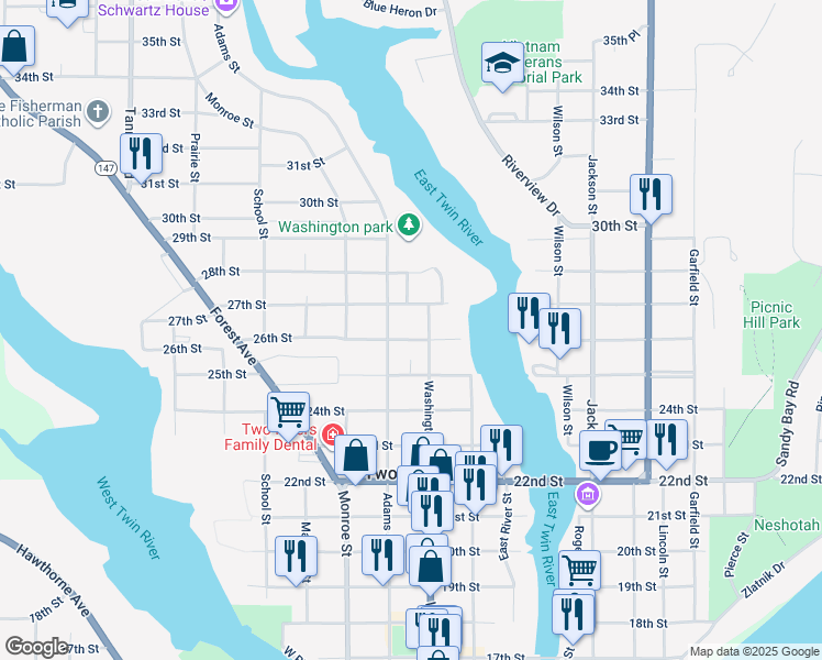 map of restaurants, bars, coffee shops, grocery stores, and more near 2622 Washington Street in Two Rivers