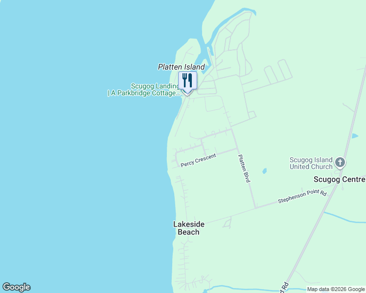map of restaurants, bars, coffee shops, grocery stores, and more near 73 Lakeside Beach Road in Port Perry