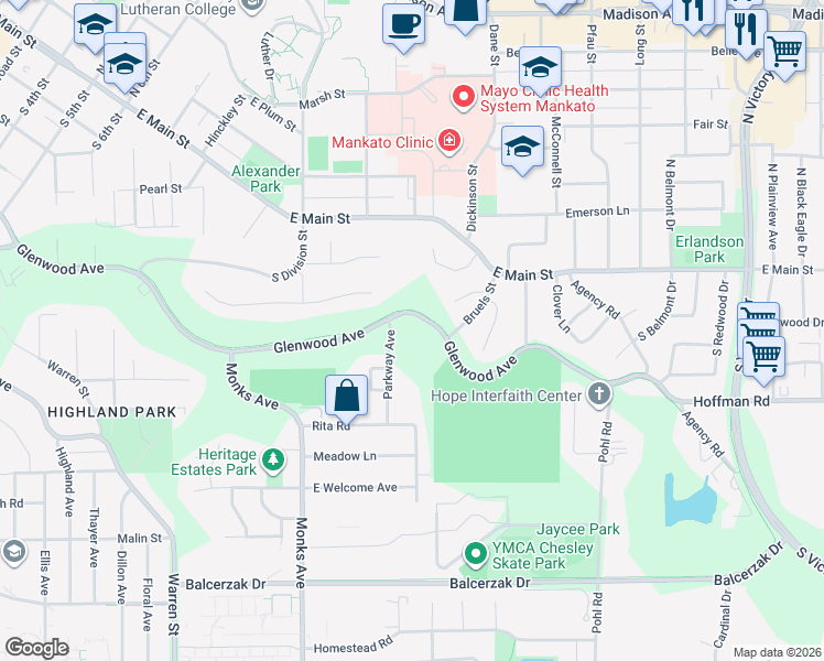 map of restaurants, bars, coffee shops, grocery stores, and more near 101 Parkway Avenue in Mankato