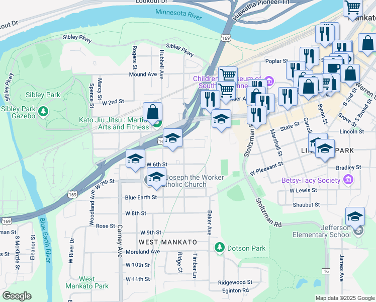 map of restaurants, bars, coffee shops, grocery stores, and more near 216 West 5th Street in Mankato