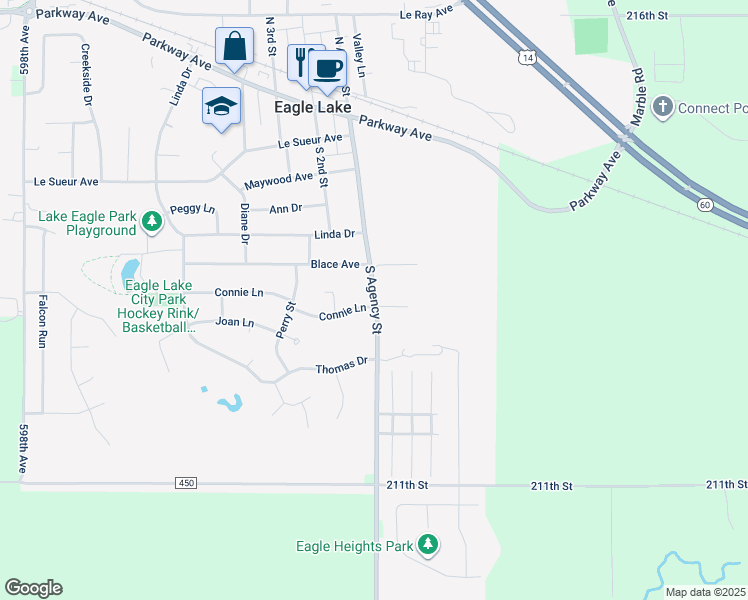 map of restaurants, bars, coffee shops, grocery stores, and more near 504 South Agency Street in Eagle Lake