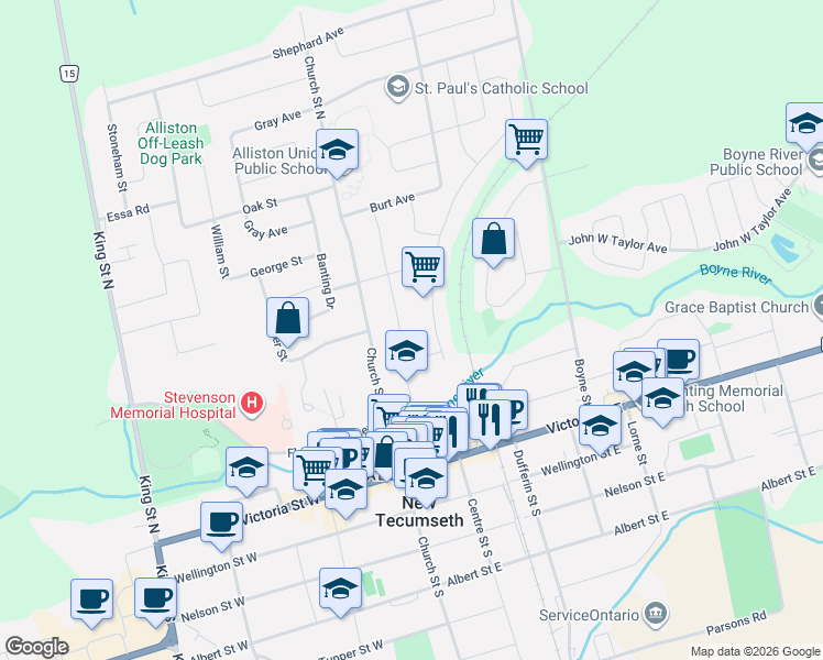 map of restaurants, bars, coffee shops, grocery stores, and more near 53 Evans Road in New Tecumseth