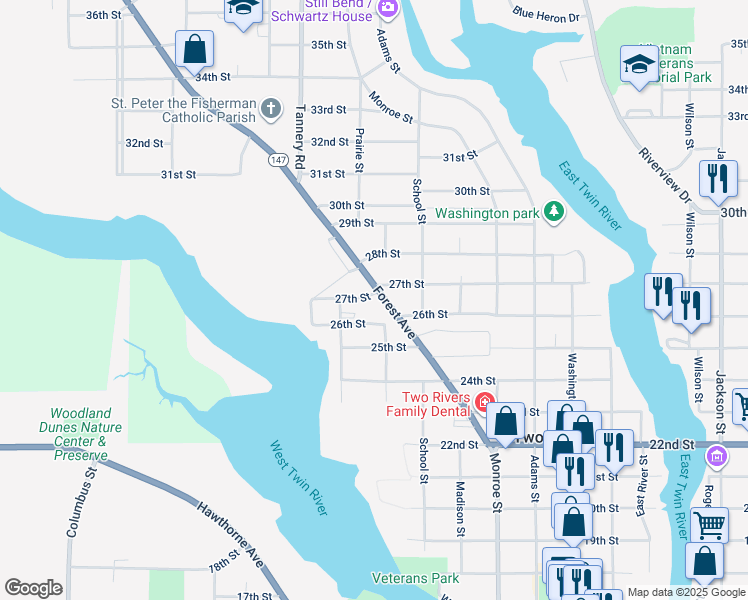 map of restaurants, bars, coffee shops, grocery stores, and more near 2706 Forest Avenue in Two Rivers