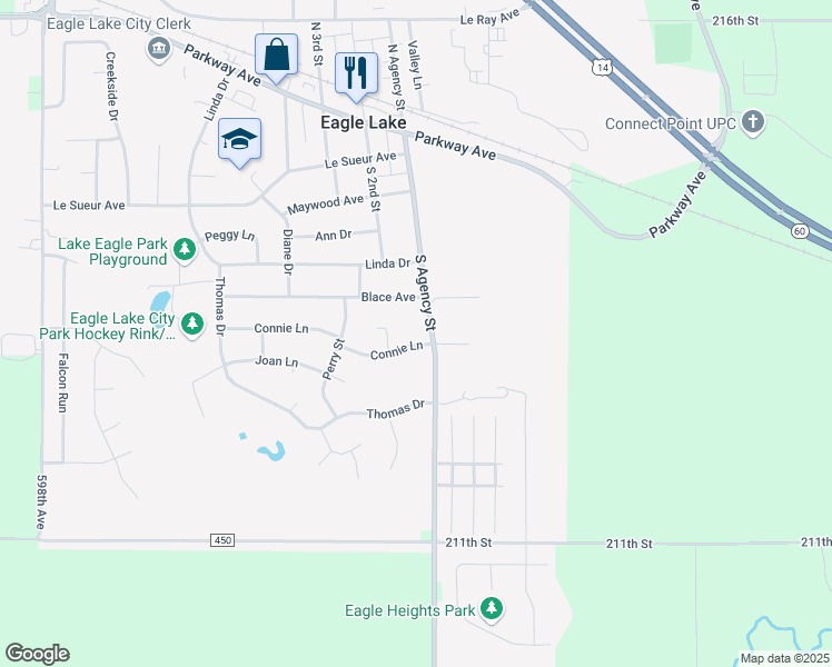 map of restaurants, bars, coffee shops, grocery stores, and more near 504 South Agency Street in Eagle Lake