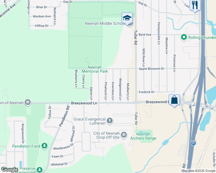 map of restaurants, bars, coffee shops, grocery stores, and more near 1341 Inverness Lane in Neenah