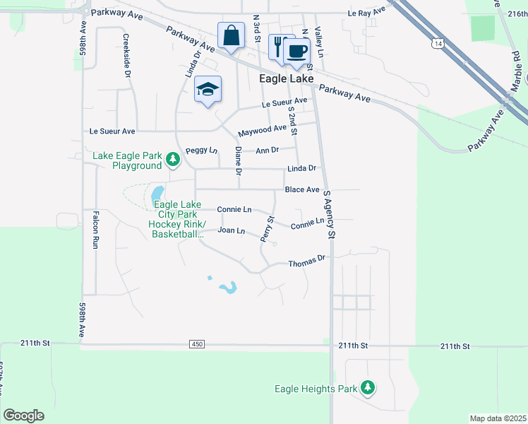 map of restaurants, bars, coffee shops, grocery stores, and more near Connie Lane in Eagle Lake