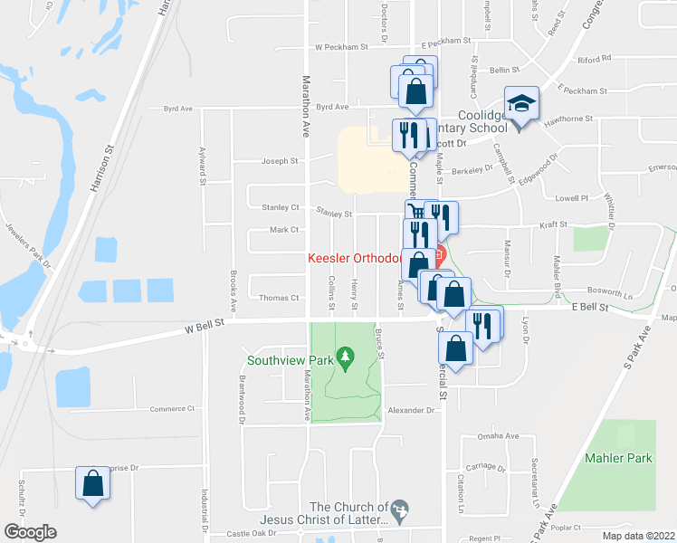 map of restaurants, bars, coffee shops, grocery stores, and more near 1548 Collins Street in Neenah
