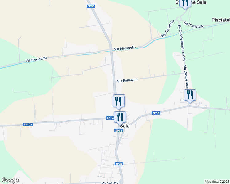map of restaurants, bars, coffee shops, grocery stores, and more near Strada Provinciale 33 in Sala