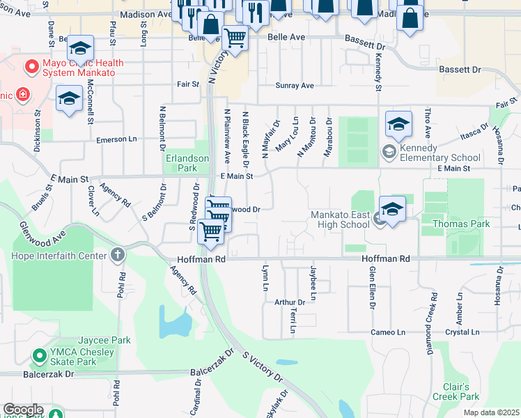 map of restaurants, bars, coffee shops, grocery stores, and more near 2208 Marwood Drive in Mankato