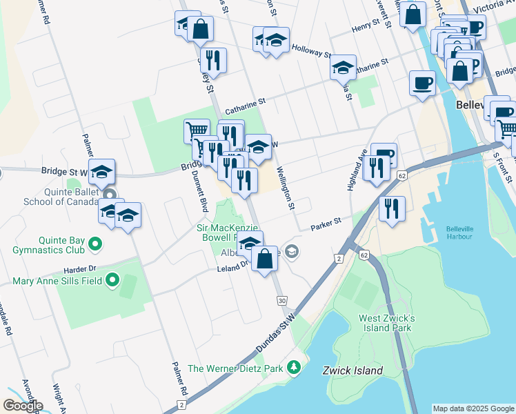 map of restaurants, bars, coffee shops, grocery stores, and more near 97 Sidney Street in Belleville