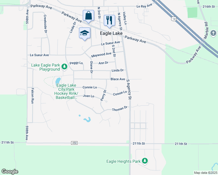 map of restaurants, bars, coffee shops, grocery stores, and more near 203 Perry Street in Eagle Lake