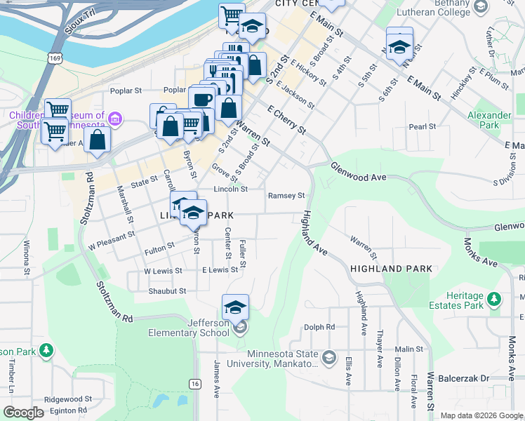 map of restaurants, bars, coffee shops, grocery stores, and more near 236 East Pleasant Street in Mankato