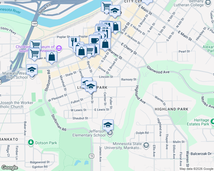 map of restaurants, bars, coffee shops, grocery stores, and more near 123 Center Street in Mankato