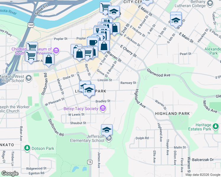 map of restaurants, bars, coffee shops, grocery stores, and more near 222 East Pleasant Street in Mankato