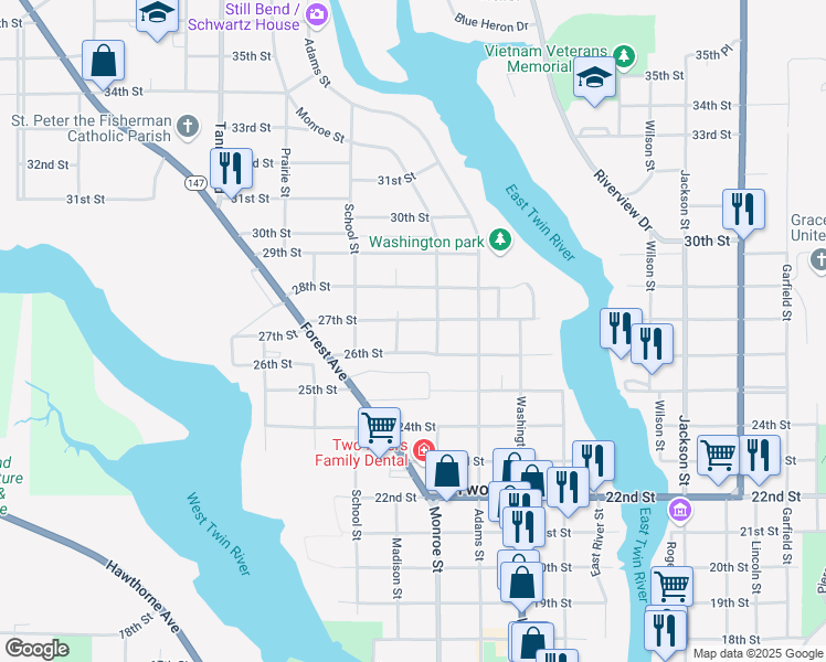 map of restaurants, bars, coffee shops, grocery stores, and more near 1725 27th Street in Two Rivers