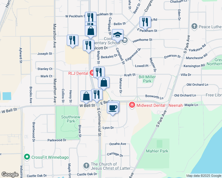 map of restaurants, bars, coffee shops, grocery stores, and more near 203 Whitenack Court in Neenah