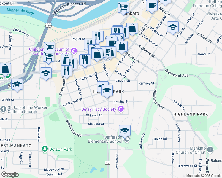 map of restaurants, bars, coffee shops, grocery stores, and more near 116 East Pleasant Street in Mankato