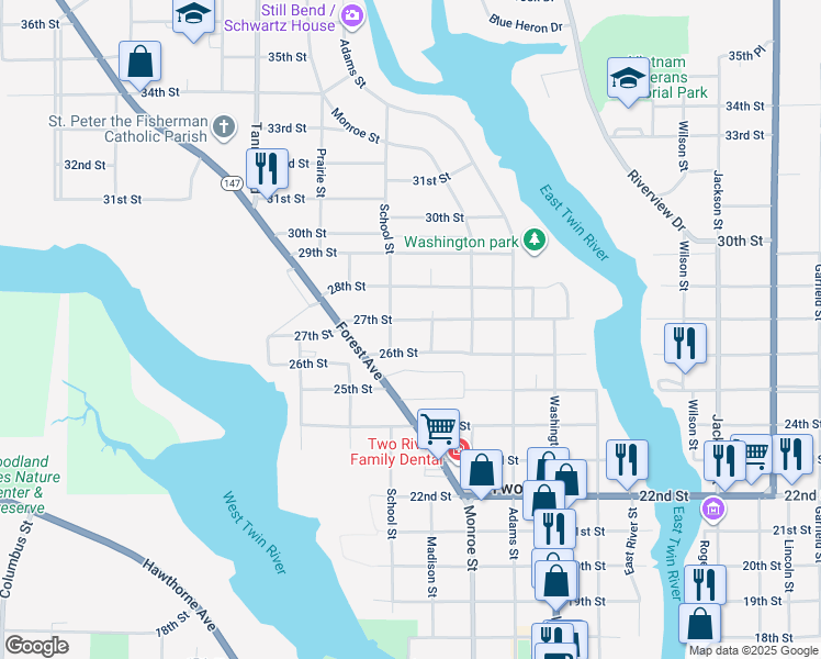 map of restaurants, bars, coffee shops, grocery stores, and more near 1821 27th Street in Two Rivers