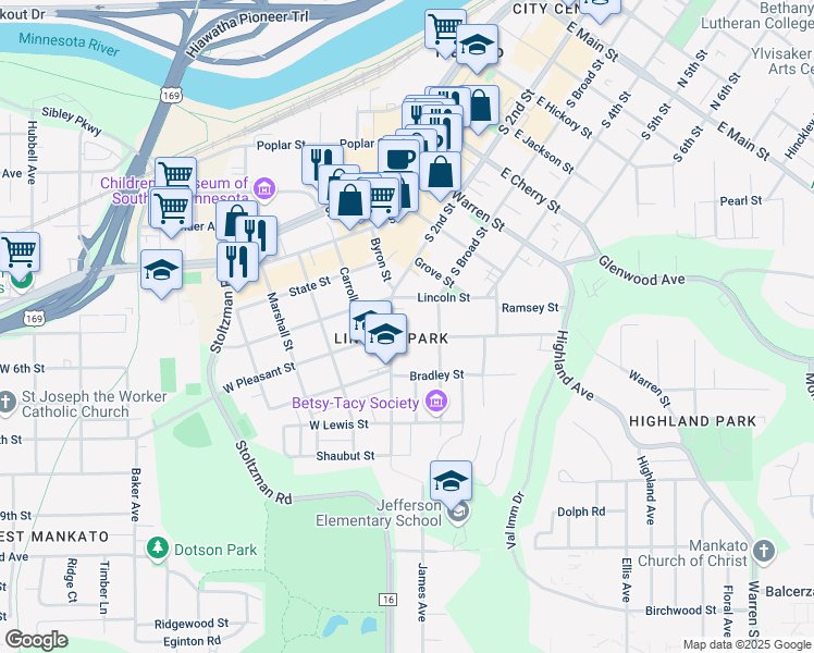 map of restaurants, bars, coffee shops, grocery stores, and more near 116 East Pleasant Street in Mankato