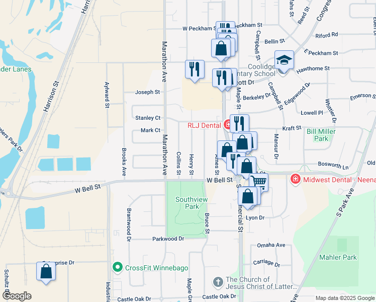 map of restaurants, bars, coffee shops, grocery stores, and more near 1536 Collins Street in Neenah