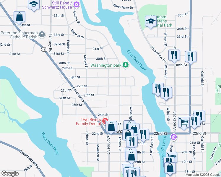 map of restaurants, bars, coffee shops, grocery stores, and more near 1623 27th Street in Two Rivers