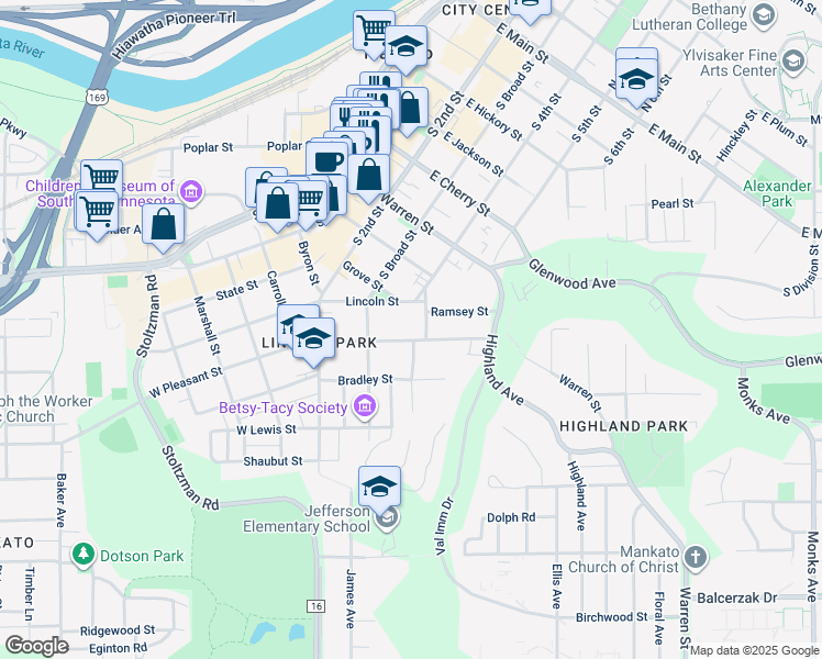 map of restaurants, bars, coffee shops, grocery stores, and more near 236 East Pleasant Street in Mankato