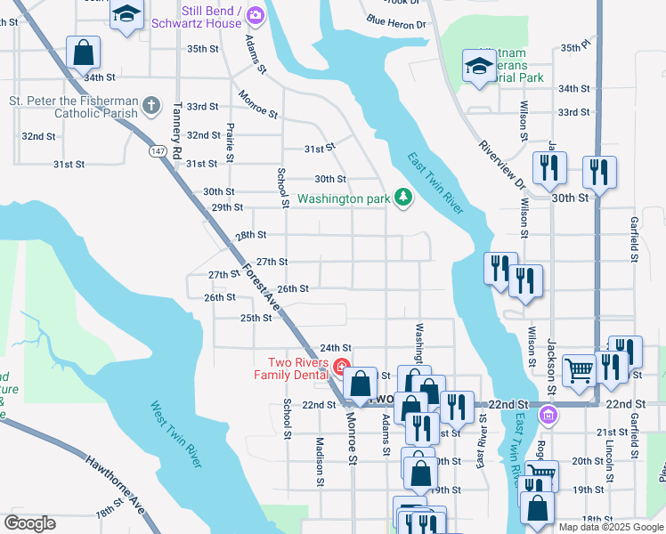 map of restaurants, bars, coffee shops, grocery stores, and more near 1725 27th Street in Two Rivers