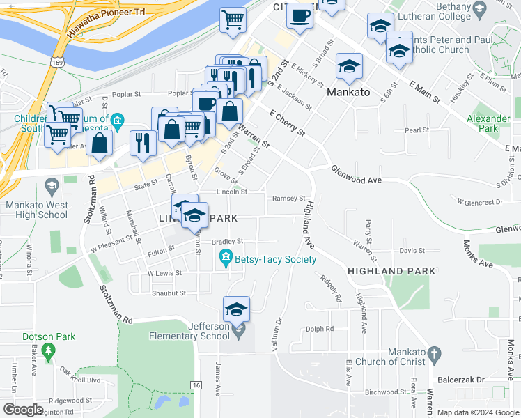 map of restaurants, bars, coffee shops, grocery stores, and more near 236 East Pleasant Street in Mankato