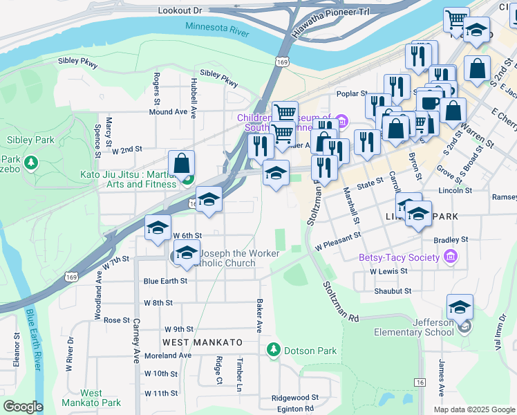 map of restaurants, bars, coffee shops, grocery stores, and more near 511 Winona Street in Mankato
