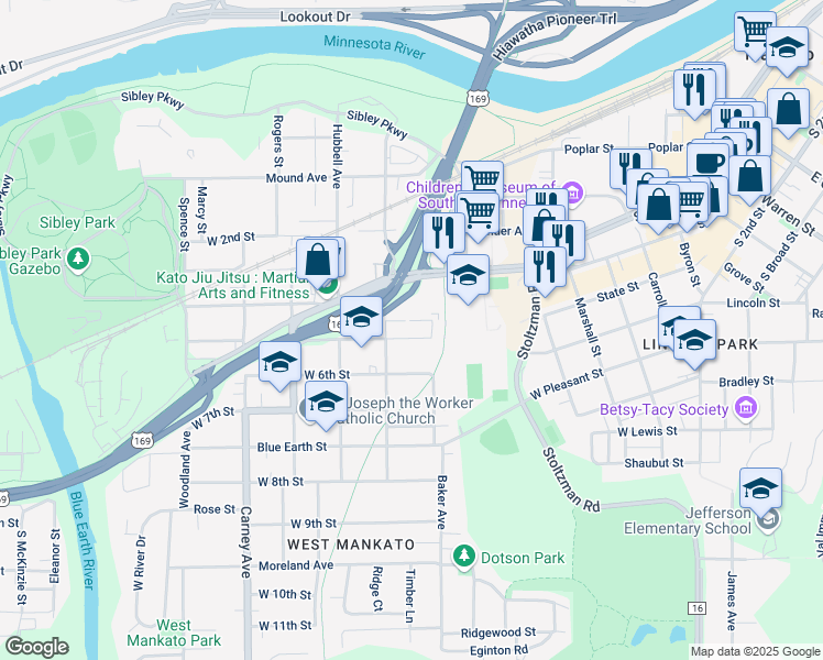 map of restaurants, bars, coffee shops, grocery stores, and more near 216 West 5th Street in Mankato