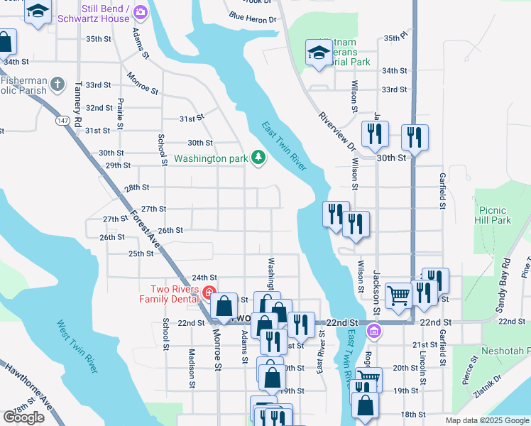 map of restaurants, bars, coffee shops, grocery stores, and more near 2622 Washington Street in Two Rivers