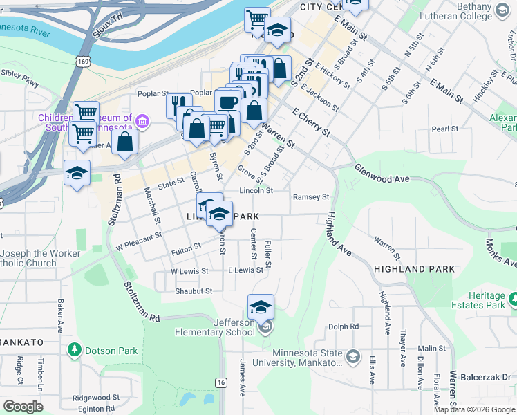 map of restaurants, bars, coffee shops, grocery stores, and more near 123 Center Street in Mankato