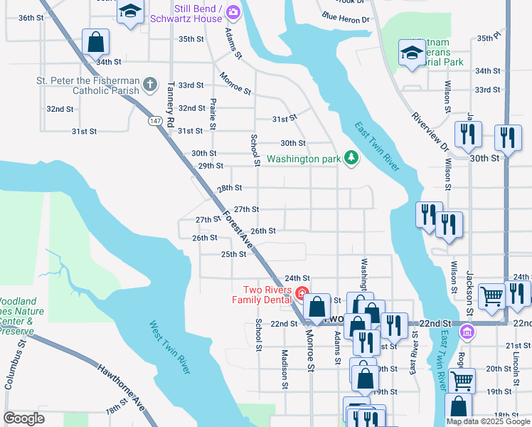 map of restaurants, bars, coffee shops, grocery stores, and more near 1821 27th Street in Two Rivers