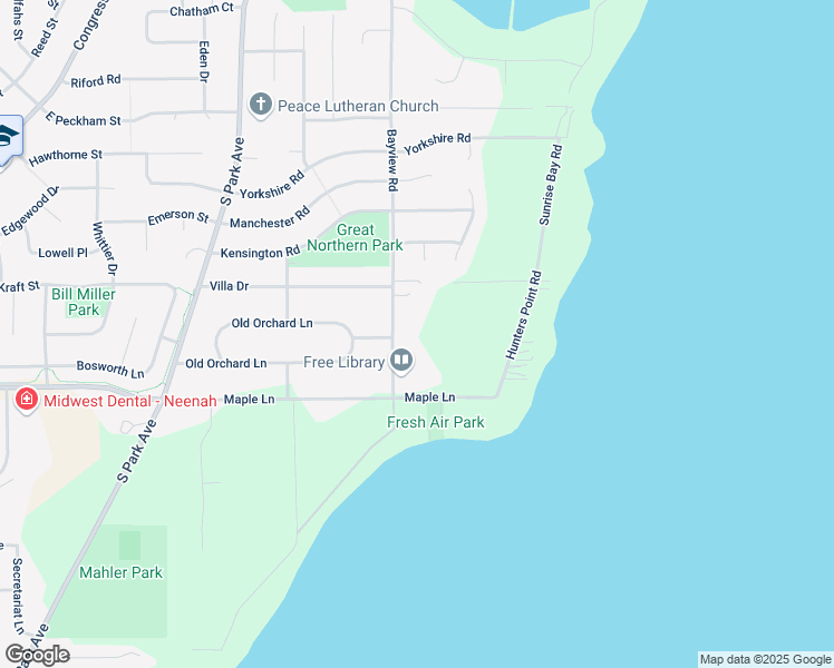 map of restaurants, bars, coffee shops, grocery stores, and more near 1010 Bayview Rd in Neenah